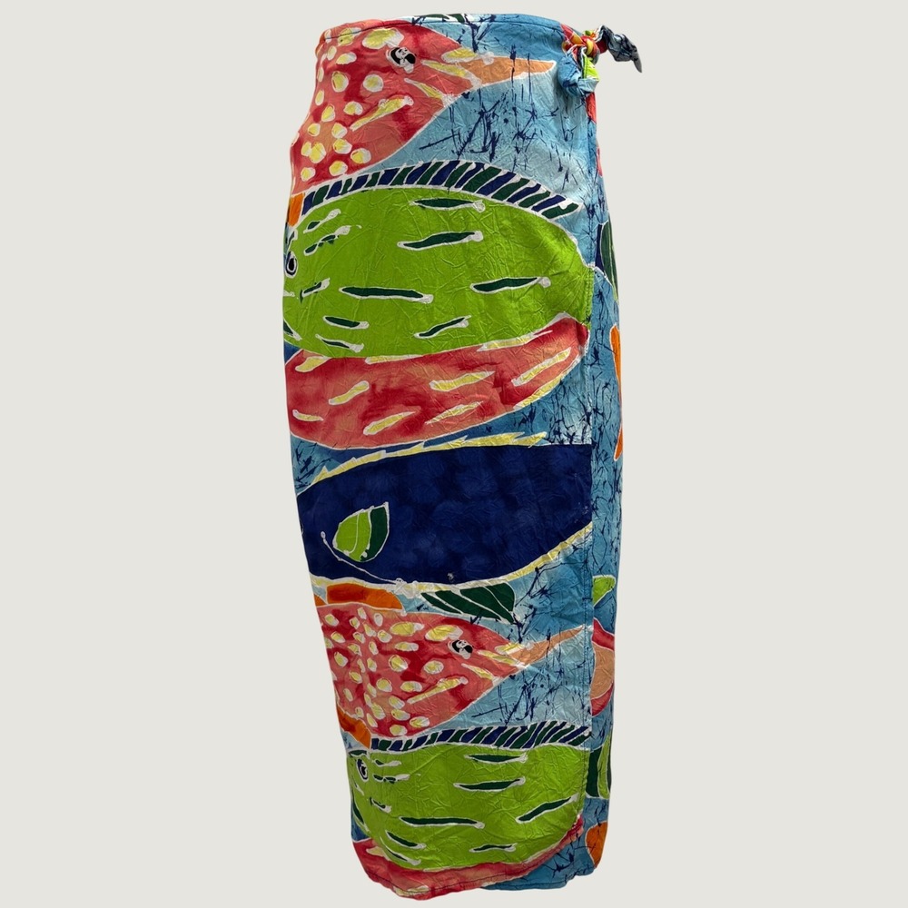 VTG Jams World Rainbow Fish Batik Print Wrap Midi Skirt Cover Up Small Tropical